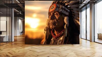 native american old man wearing native dress in front of sunset bokeh style background Wall mural