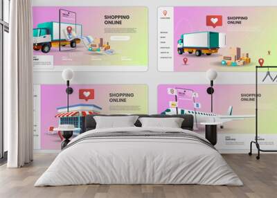 Shopping Online on Mobile Application with truck and plane Concept Digital vector.3d vector illustration. Wall mural