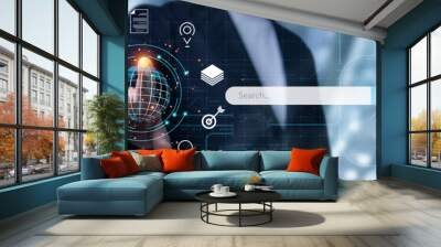  Businessman touch virtual screen Searching Browsing Internet Data Information networking Concept. Wall mural