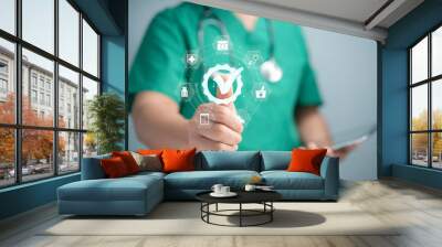 A medical worker touch virtual screen of certification of standard quality control, guarantee of warranty. Digital internet business medical technology storage.Guarantee Standards ISO Wall mural