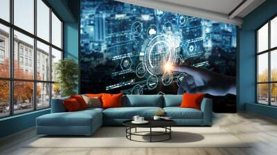 Businessman experience virtual screen, application technology, global business internet connection and digital marketing. finance and banking digital connection technology big data Wall mural