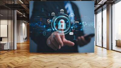 Cyber security concept.Cybersecurity and privacy concepts to protect data.secure internet access Future technology and cybernetics.Businessman protecting personal data on smart phone. Wall mural