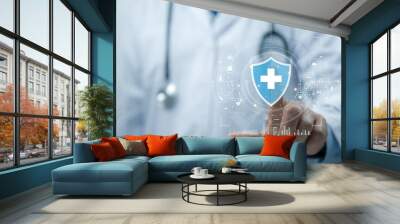 Medical worker touch digital healthcare network connection medical cross shape,displaying analysis,network connectivity modern interface.Concept of medical technology futuristic approach to healthcare Wall mural