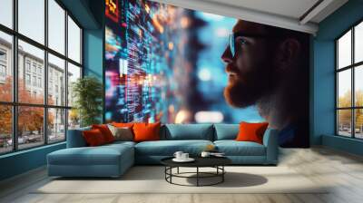 Man with glasses looking at screen displaying code Wall mural