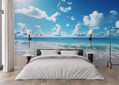 Tropical Sandy Beach Paradise, ocean surf, blue sky with clouds background Wall mural