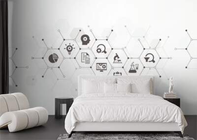 Development and research banner with the website icons and symbol of business development, processing using technology, engineering, product design and project management vector illustration Wall mural