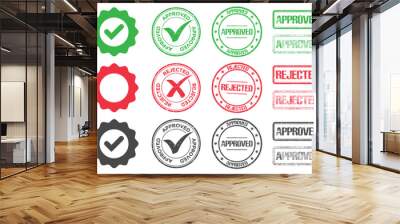 Approved and rejected stamp and medal. Green approved and red rejected icon Wall mural