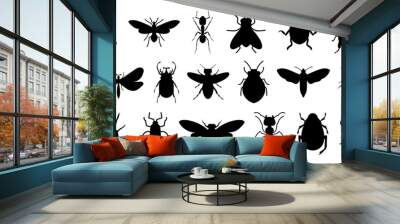 Black bug icon collection. Set of black beetle silhouette. Vector insect logo Wall mural