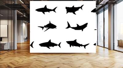 Black shark silhouette collection. Set of different shark silhouette on a white background. Shark silhouette in variety pose Wall mural