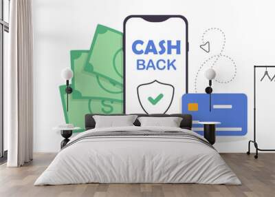 Digital cash back with smartphone, money and credit card in a flat design Wall mural