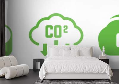 Green cloud co2 icons reduction collection. CO2 emission, reduction, neutrality symbols. Net zero emissions Wall mural