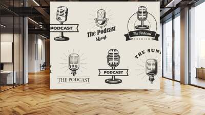 Retro podcast badge icon collection. Set of microphone vintage emblem Wall mural