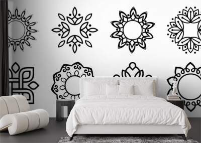 Set of black flower ornament icons. Black abstract geometric ornament collection Wall mural