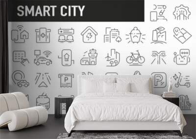 Smart city black linear icons. Collection of 70 icons in black. Big set of linear icons Wall mural