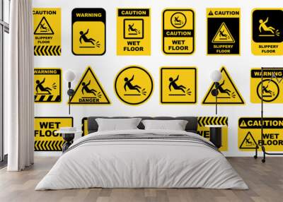 Wet floor signs. Caution orange signs plate collection. Wet floor, stairways, electric shock, watch your step hazard plates Wall mural