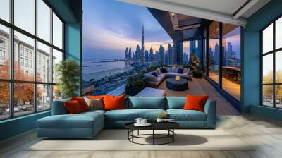 A balcony overlooking a city with a couch and a coffee table. Wall mural