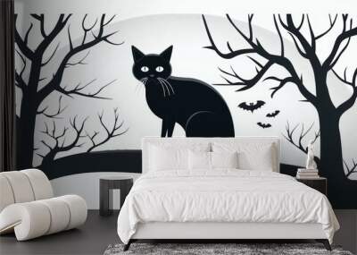 A black cat is sitting on a tree branch in a forest Wall mural