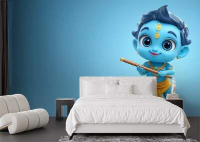 A blue and yellow cartoon character holding a stick Wall mural