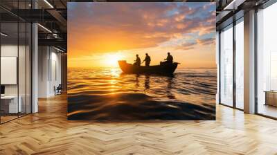 A boat with three men on it is sailing on a calm sea at sunset Wall mural