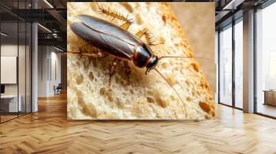 A brown and black cockroach is on a piece of bread Wall mural