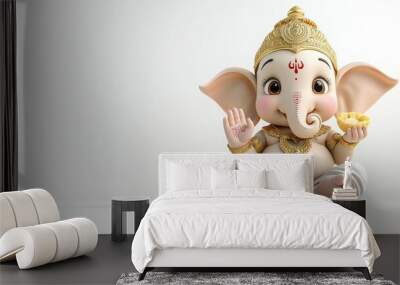 A cartoon elephant with a gold head and gold ears sits on a white background Wall mural