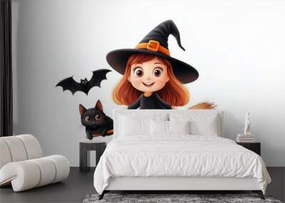 A cartoonish girl with a black cat on her broomstick Wall mural