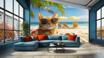 A cat wearing sunglasses and a red and yellow shirt is laying on a beach chair. Summer heat concept Wall mural