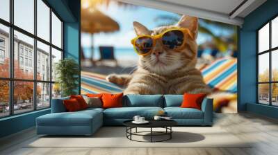 A cat wearing sunglasses is laying on a colorful beach chair. Summer heat concept Wall mural