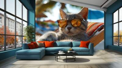 A cat wearing sunglasses is lounging on a beach chair. Summer heat concept Wall mural