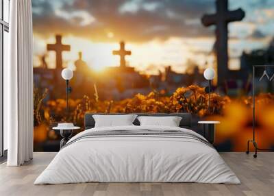 A cemetery with a cross and a sun in the background Wall mural