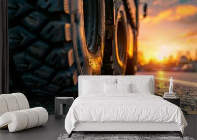 A close up of a tire with the sun setting in the background Wall mural