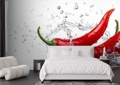 A close up of two red peppers in a splash of water Wall mural