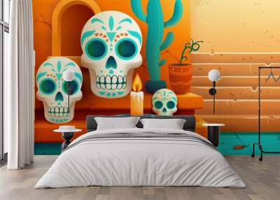 A colorful scene of skulls and candles on a mantle Wall mural