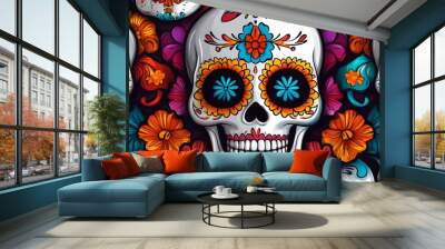 A colorful skull with flowers surrounding it Wall mural