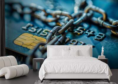 A credit card is chained to a table, card and accounts blocking concept Wall mural