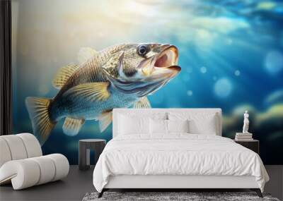 A fish is swimming in the ocean with its mouth open Wall mural