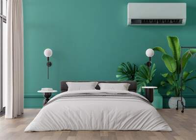 A green wall with a white air conditioner and a plant in a vase. Summer heat concept Wall mural