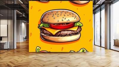 A hamburger with lettuce and tomato on a yellow background Wall mural