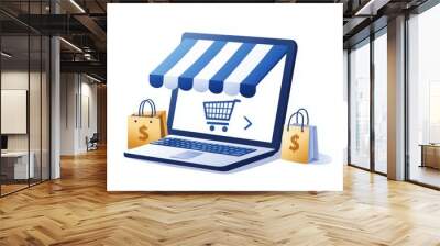 A laptop computer screen shows a shopping cart with two shopping bags on it Wall mural