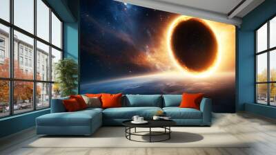 A large hole in the sky with a bright orange sun in the middle Wall mural