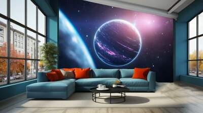 A large planet with a bright blue and pink swirls on it Wall mural