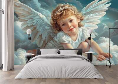 A little angel is sitting on a cloud with her wings spread out Wall mural