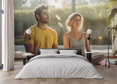 A man and woman are sitting on the floor in a room, both wearing yoga clothes Wall mural