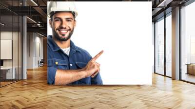 A man in a blue shirt and a hard hat is pointing to the right Wall mural