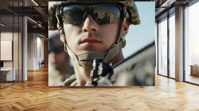 A man in a military uniform is holding a rifle and wearing sunglasses Wall mural