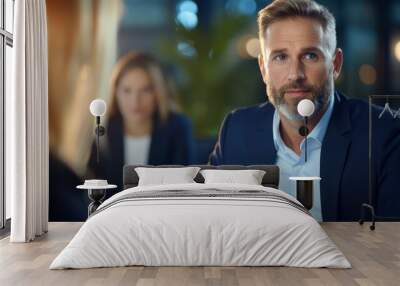 A man in a suit is sitting at a table with two other people Wall mural