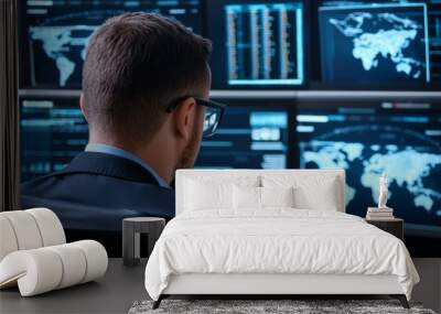 A man in a suit is sitting in front of a computer monitor with a map of the world Wall mural