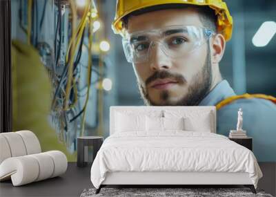 A man in a yellow safety vest and a hard hat is working on electrical wires Wall mural