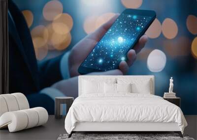 A man is holding a cell phone with a blue screen that has a galaxy on it Wall mural