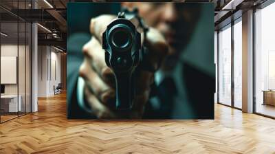 A man is holding a gun and pointing it at the camera, armed robber or dangerous burglar Wall mural